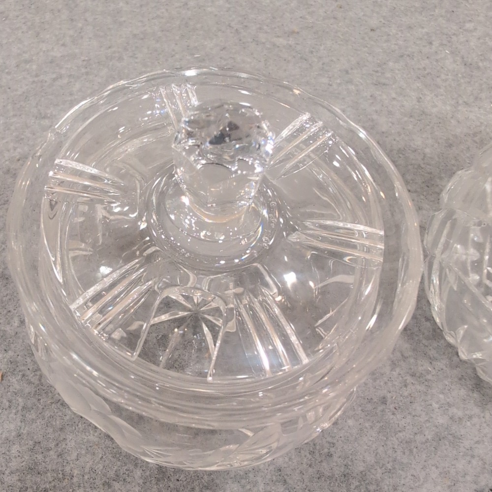 Vintage Clear Cut Glass Lidded Jars Set of 2 Frosted Floral and Diamond Pattern - Picture 5 of 5